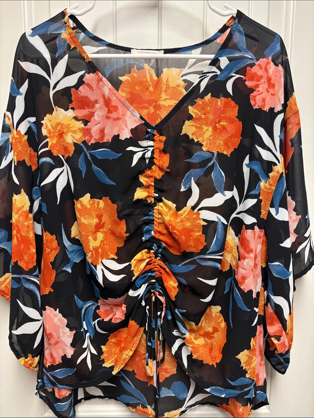 Promesa Black Floral Ruched V-Neck Blouse with Orange Blooms